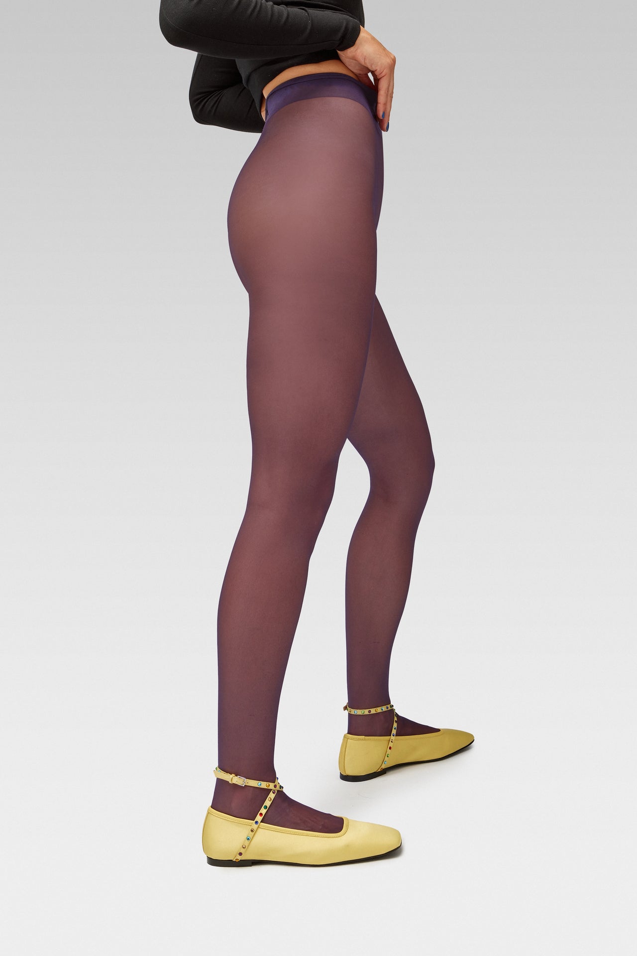 EDLA Galaxy Purple tights with EDLA Yellow Saturn ballet Flat Crafted from butter yellow satin, the Saturn Ballet Flat features multicolored crystal-embellished straps and a squared toe.