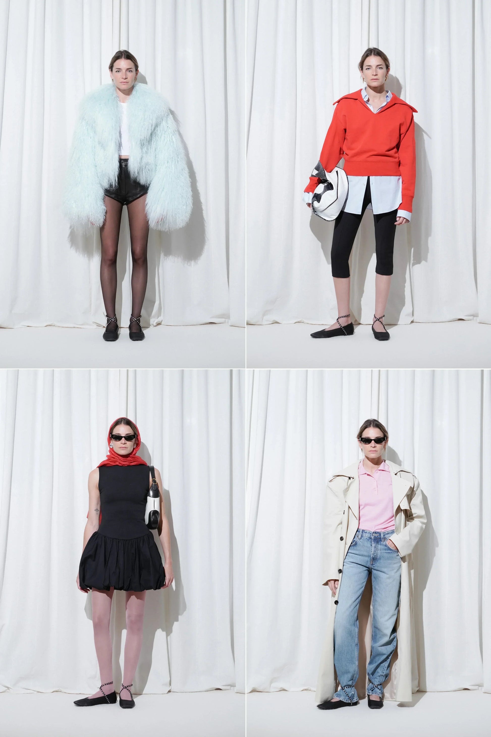 Four different outfits ideas from party outfits to casual outfits paired with EDLA Saturn Black Ballet Flats.