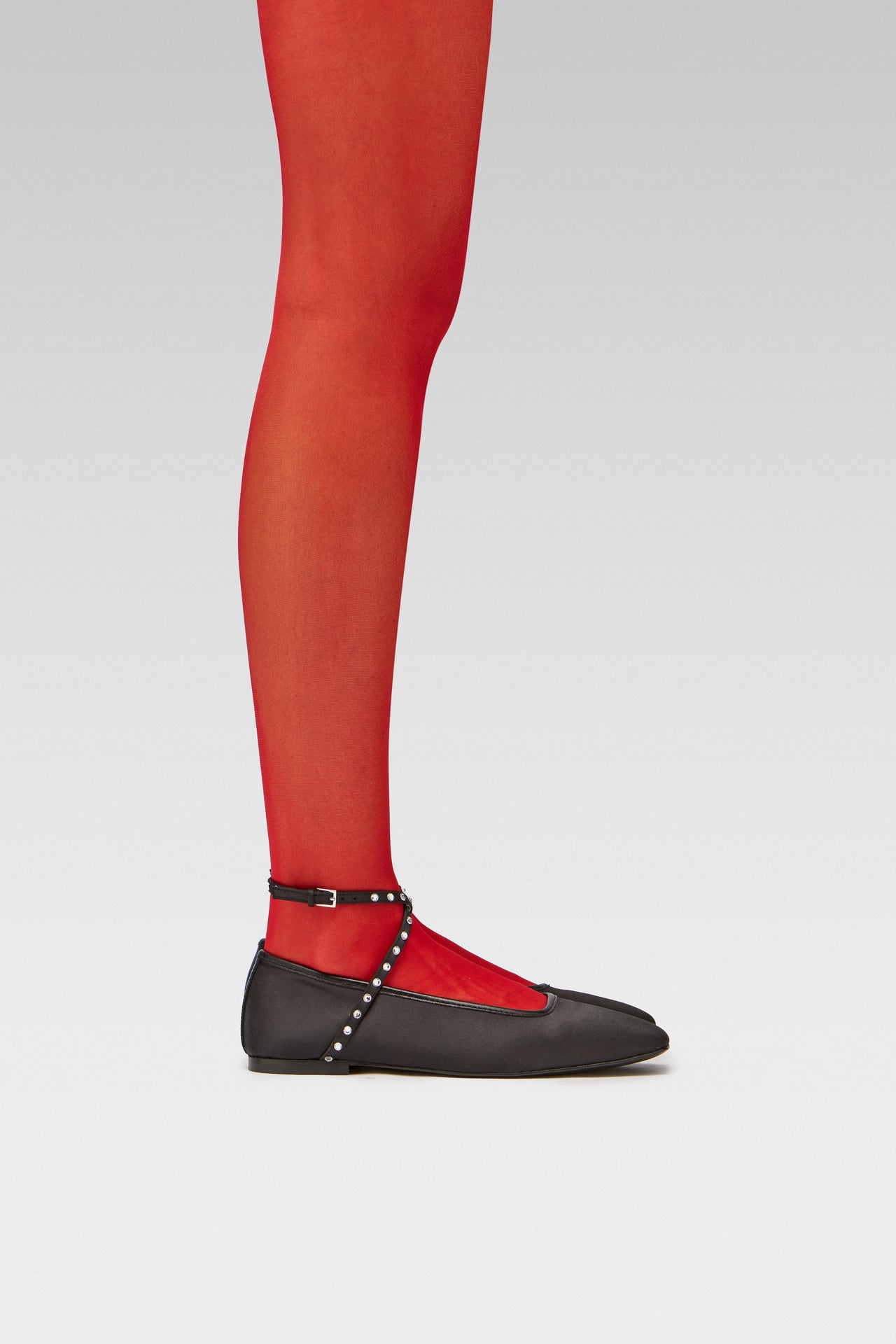 EDLA Galaxy red tights with EDLA Saturn Black Ballet flats Crafted from satin, the Saturn Ballet Flat features crystal-embellished straps and a squared toe.