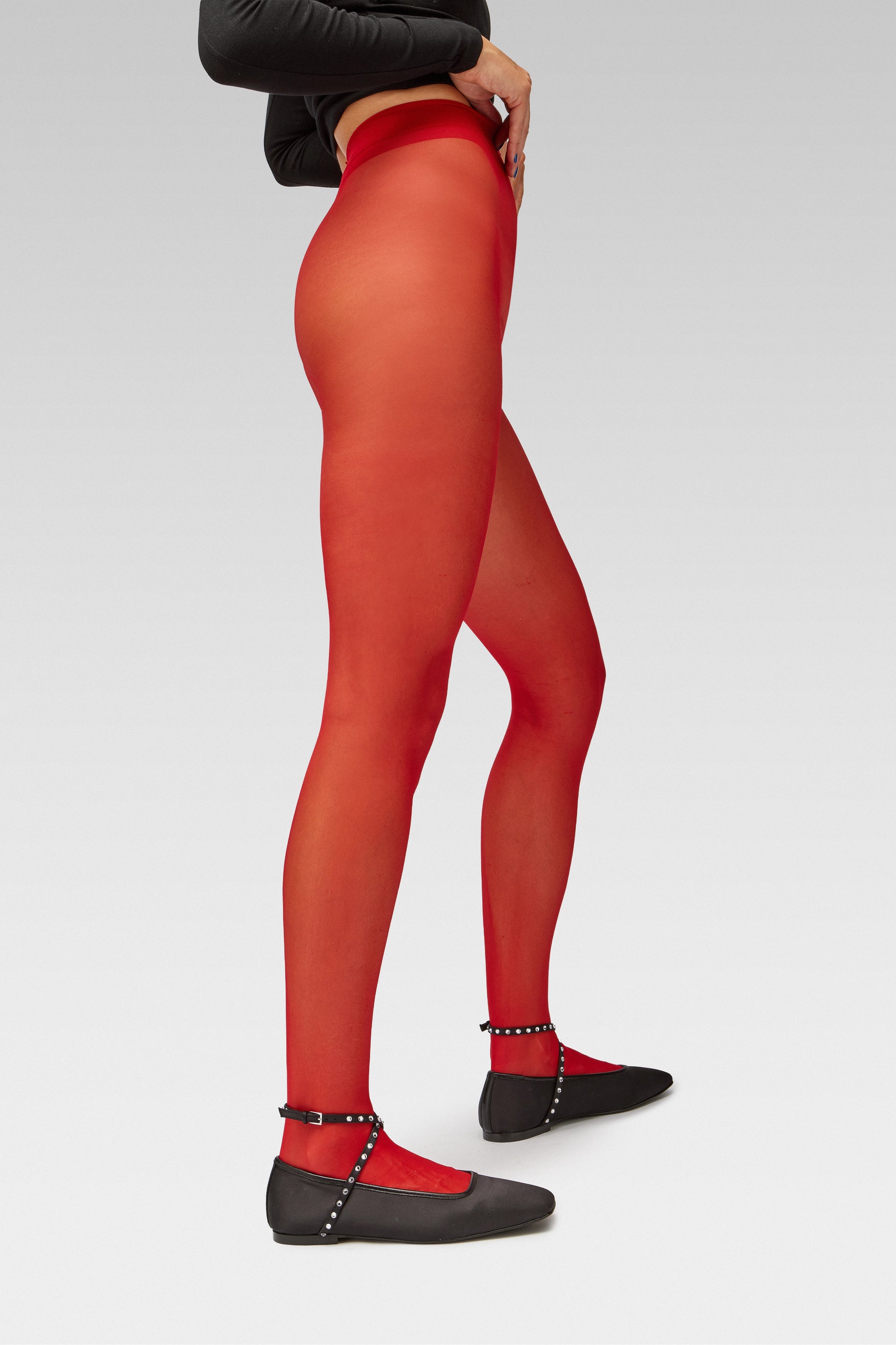 EDLA Galaxy red tights with EDLA Saturn Black Ballet flats Crafted from satin, the Saturn Ballet Flat features crystal-embellished straps and a squared toe.