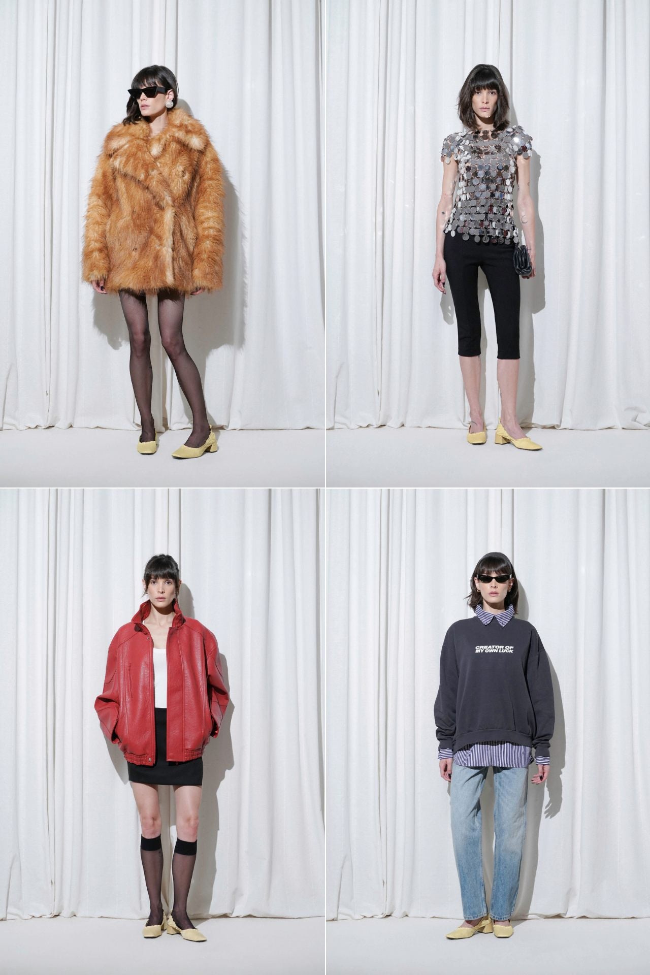 Four outfit ideas from party outfits to casual outfits, all styled with EDLA Mercury Yellow Kitten Heels.