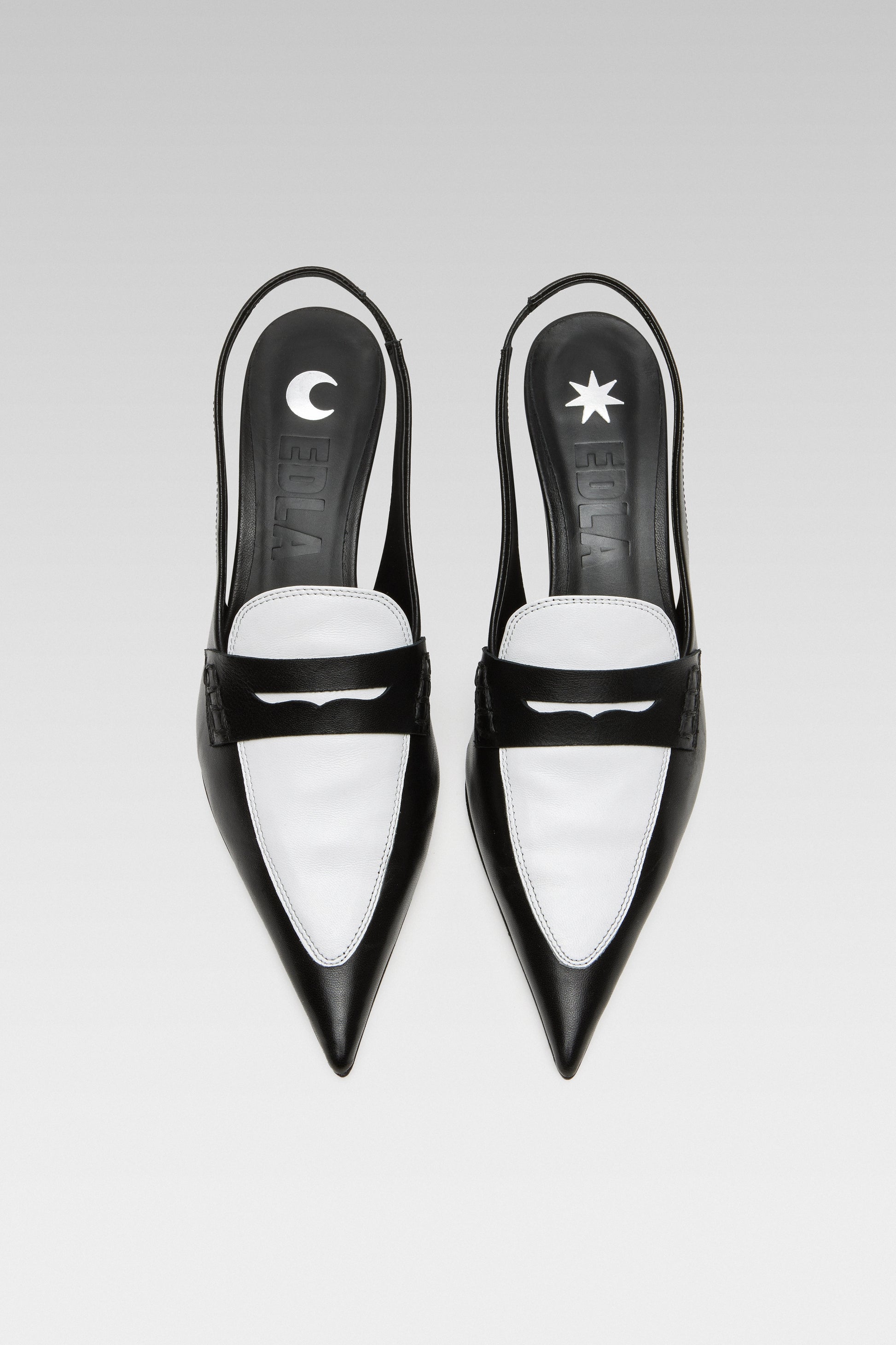 Top view of EDLA Uranus black-and-white slingback kitten heels made from leather and designed with a pointed toe and penny loafer-style front.