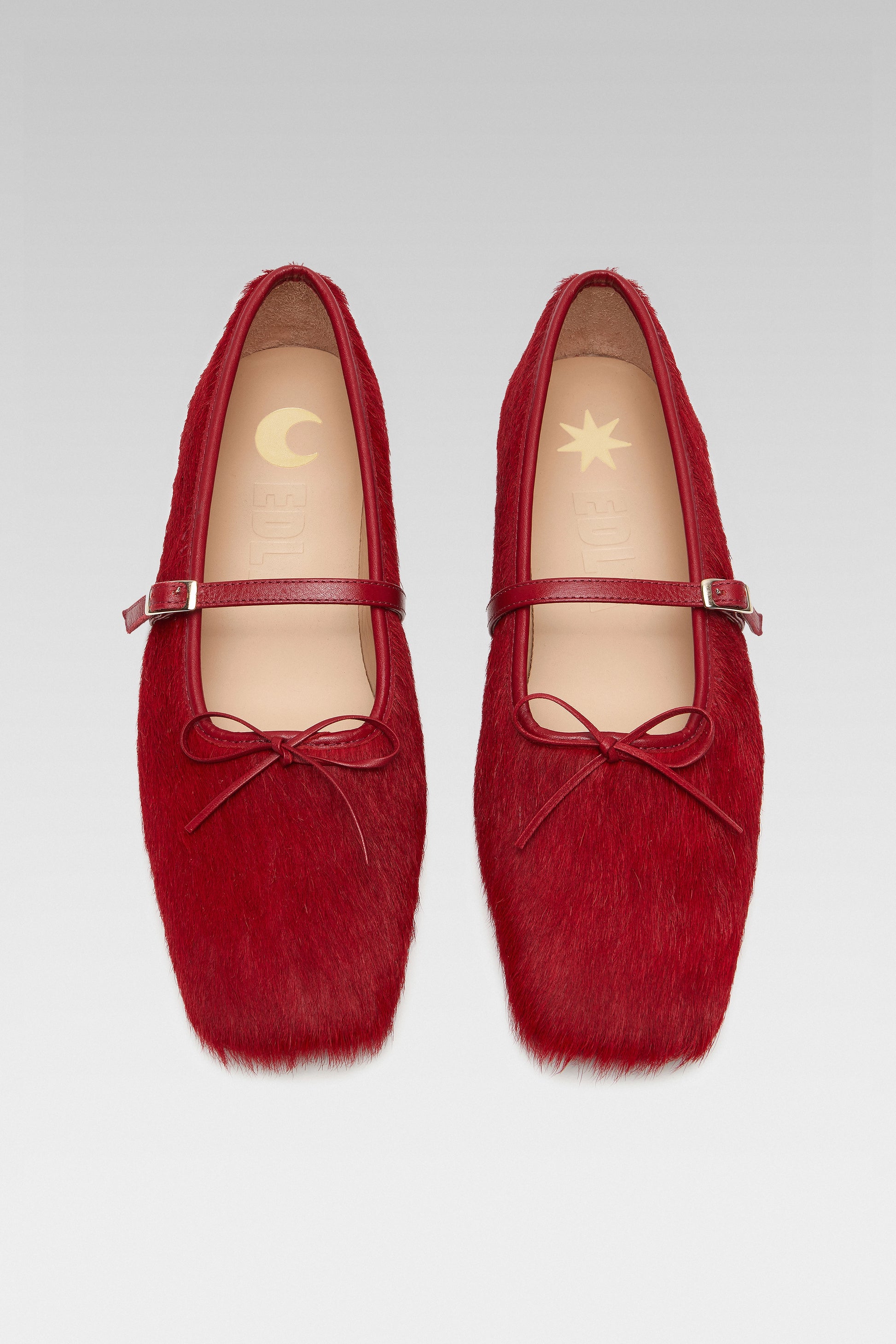 Top view of EDLA Mars red mary jane flats crafted from calf hair with a squared toe and bow detail.