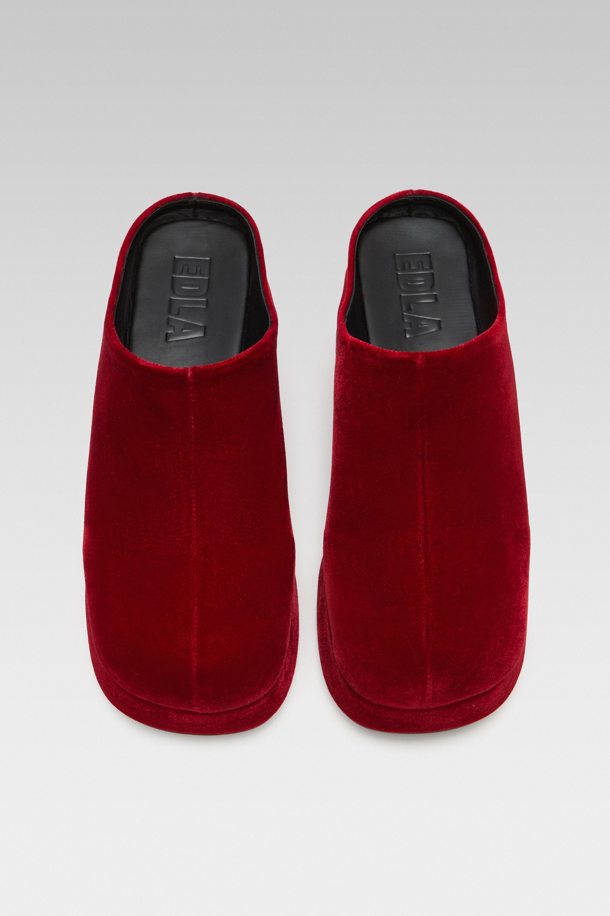 Front view of EDLA Venus red mules for women crafted from velvet.